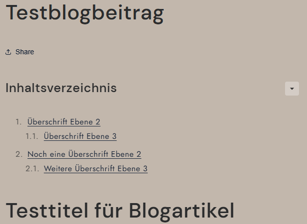 Beispiel eines kostenlosen Inhaltsverzeichnisses für Shopify Blogartikel ausgeklappt