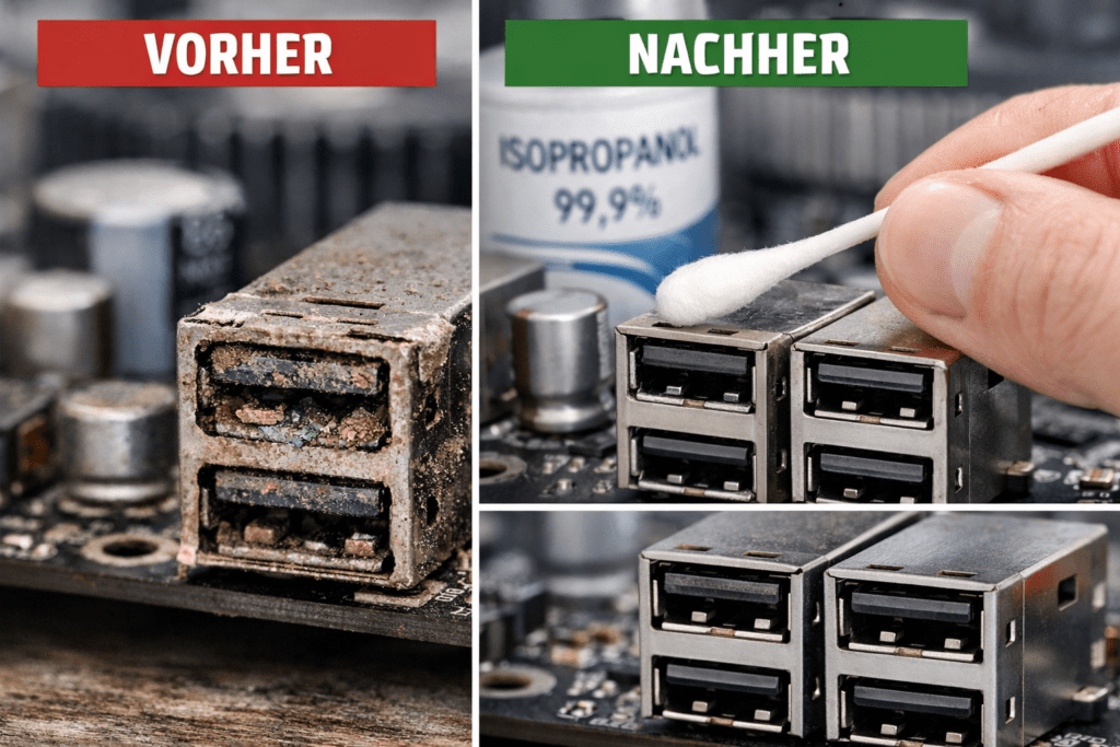 Korrodierte USB-Ports auf Mainboard vor und nach Reinigung mit Isopropanol und Wattestäbchen