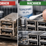 Korrodierte USB-Ports auf Mainboard vor und nach Reinigung mit Isopropanol und Wattestäbchen