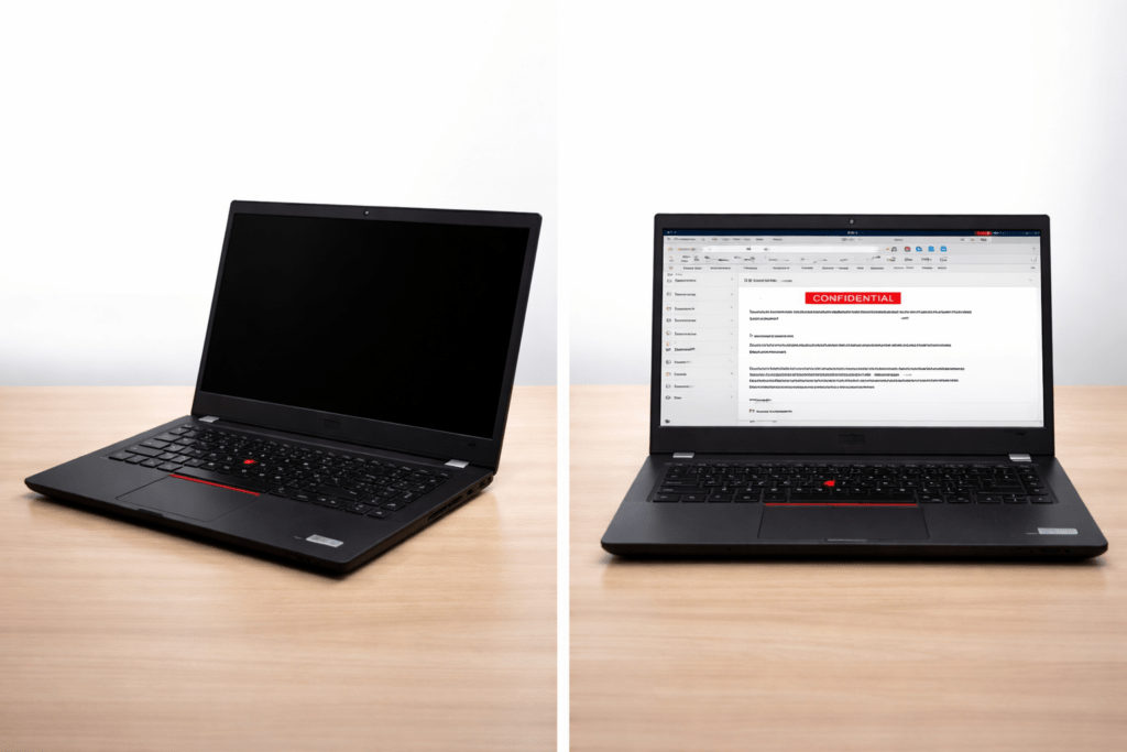 Blickschutzfolie Laptop seitlicher Blick schwarz frontal sichtbar im Zug