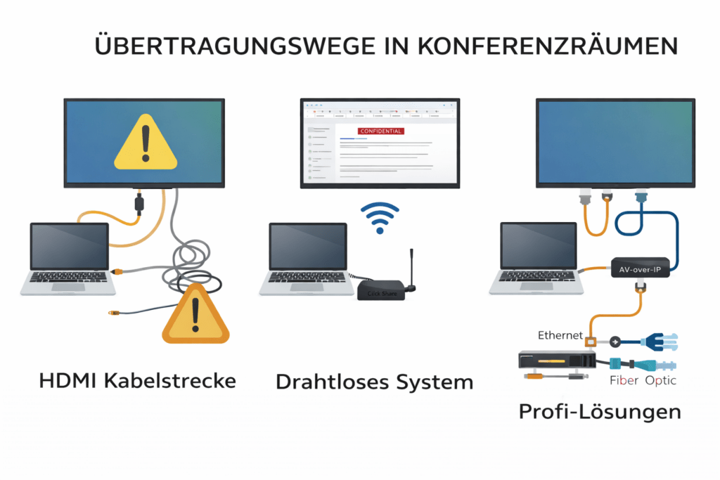 HDMI, drahtlose und AV-over-IP Übertragungswege im Konferenzraum schematisch dargestellt